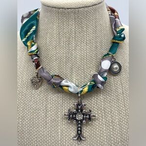 Green Gray White Mod Pattern Satin Scarf Necklace Silver Charms Festival Preppy